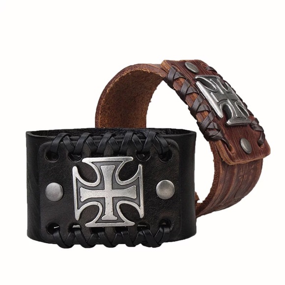 Retro Punk Leather Men Women Bracelet Cross Cuff - Picture 2 of 6